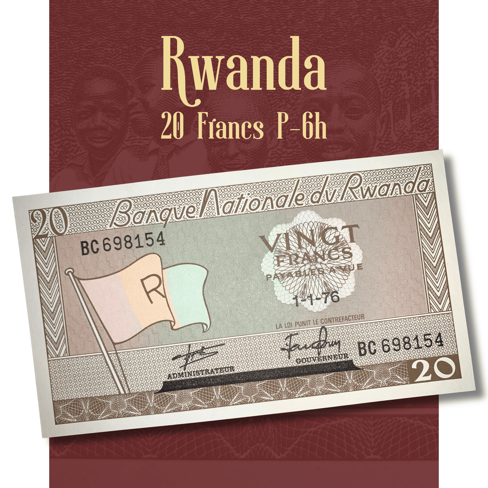 Rotating showcase of a Rwanda 20 Francs P-6h banknote featuring detailed views of the front and back designs, national flag motif, schoolchildren vignette, development-themed imagery, intricate engraved patterns, and collectible world currency details.