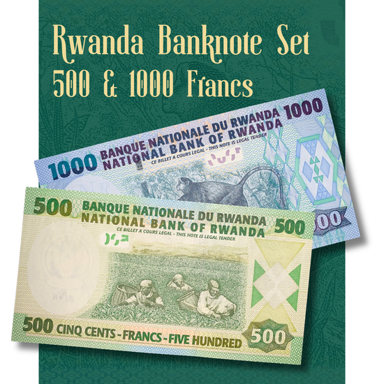Video showcasing the authentic Rwanda banknote set including 500 Francs P-30 and 1,000 Francs P-31, highlighting the detailed engraved designs, vibrant security features, and both obverse and reverse artwork of each collectible banknote.