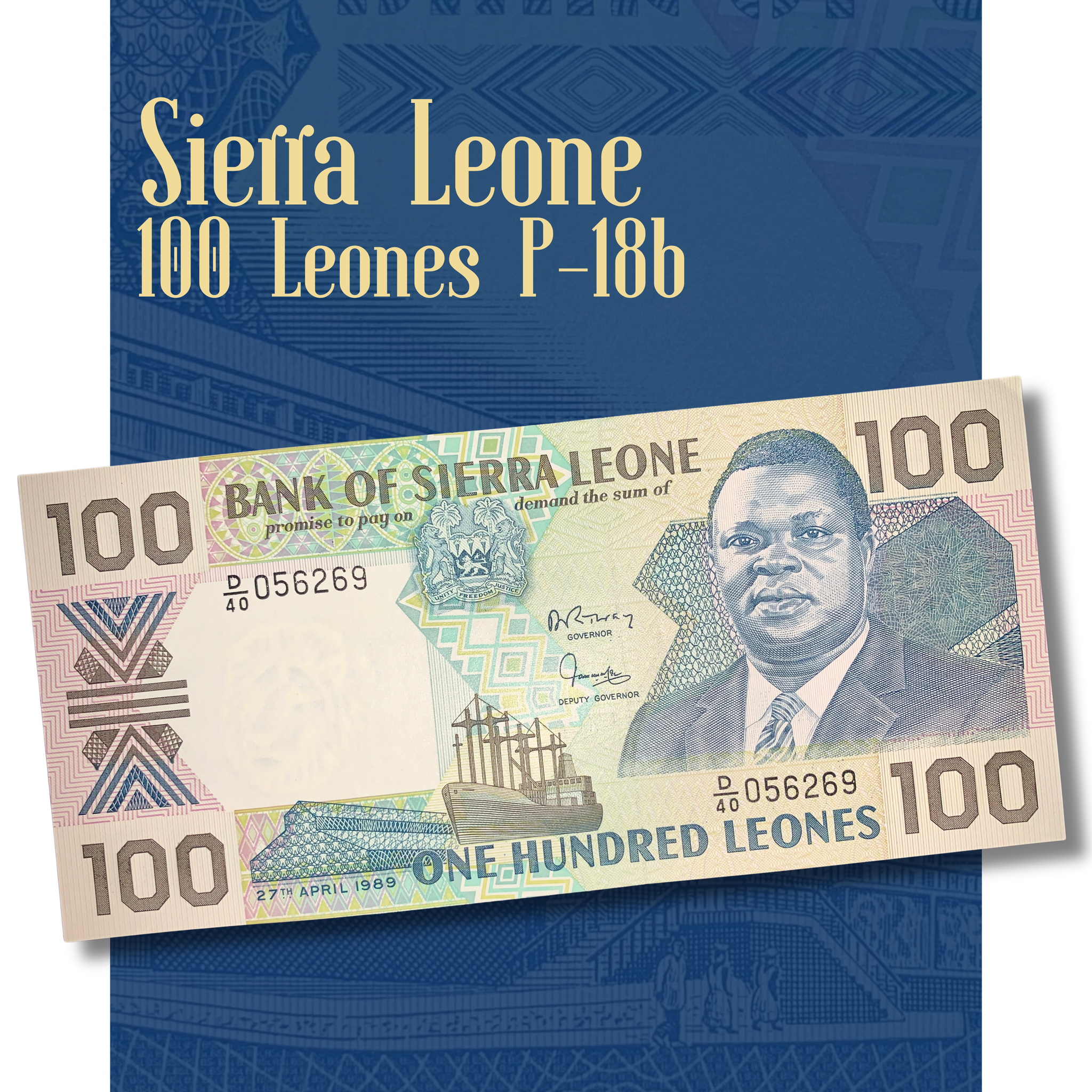 Video showcasing both sides of the Sierra Leone 100 Leones P-18b banknote dated 27 April 1989. The footage highlights the portrait of President Joseph Saidu Momoh, the national coat of arms, cargo ship, intricate geometric engravings, vibrant multicolor security printing, and the reverse featuring the Bank of Sierra Leone headquarters. Close-up views emphasize the note's crisp condition, detailed artwork, texture, and collectible appeal.