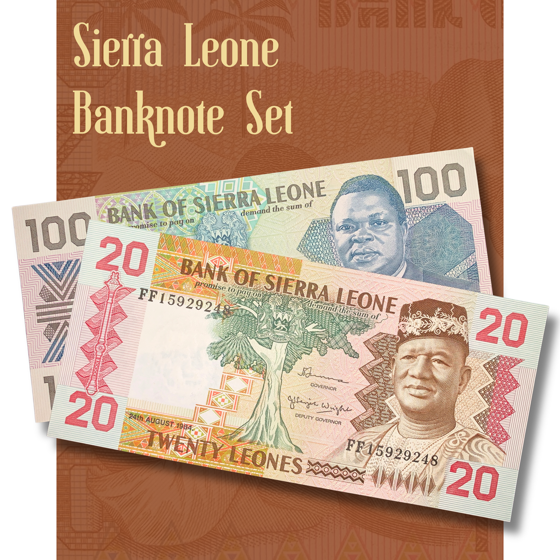 Video showcasing the authentic Sierra Leone banknote set including 20 Leones P-14b and 100 Leones P-18b, highlighting the detailed engraved designs, vibrant colors, security features, and both obverse and reverse artwork of each collectible banknote.