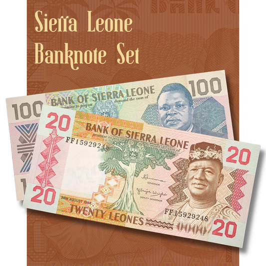 Video showcasing the authentic Sierra Leone banknote set including 20 Leones P-14b and 100 Leones P-18b, highlighting the detailed engraved designs, vibrant colors, security features, and both obverse and reverse artwork of each collectible banknote.