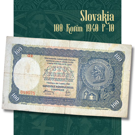 Video showcasing the Slovakia 100 Korún 1940 banknote (P-10), displaying both obverse and reverse sides in detail. Features Prince Pribina, Slovak National Bank inscriptions, an allegorical female figure with the Slovak shield, and intricate engraved security patterns from the wartime Slovak Republic era.