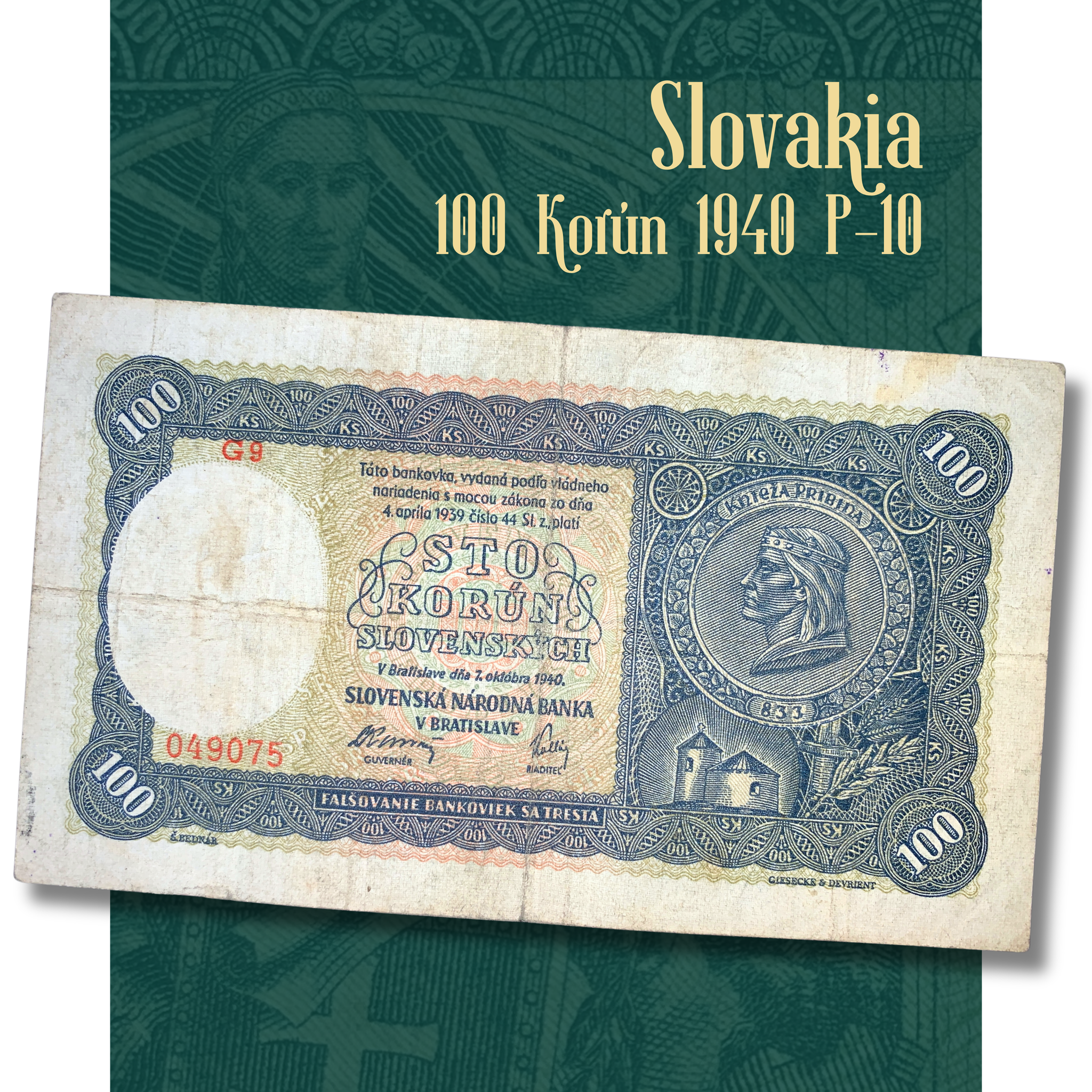 Video showcasing the Slovakia 100 Korún 1940 banknote (P-10), displaying both obverse and reverse sides in detail. Features Prince Pribina, Slovak National Bank inscriptions, an allegorical female figure with the Slovak shield, and intricate engraved security patterns from the wartime Slovak Republic era.