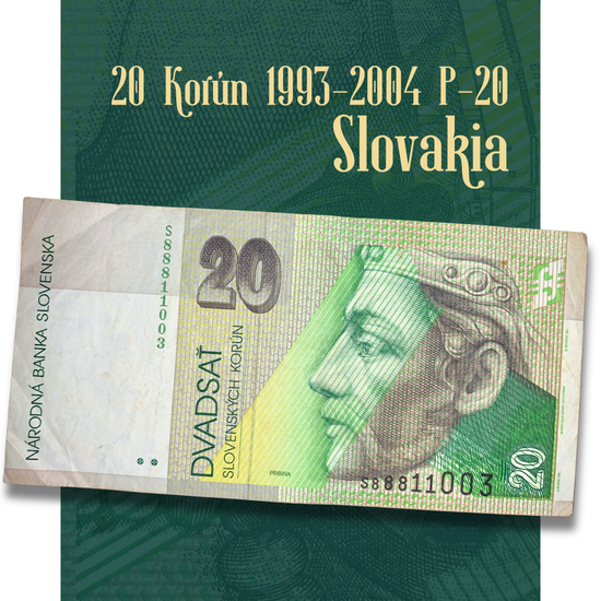 Video showcasing an authentic Slovakia 20 Korún banknote (P-20) issued between 1993 and 2004. The footage presents both sides of the circulated banknote in detail, highlighting Prince Pribina on the obverse, the Nitra architectural motif on the reverse, denomination numerals, security printing, intricate guilloche patterns, and signs of circulation including folds and creases. Actual serial numbers may vary as multiple banknotes are available.