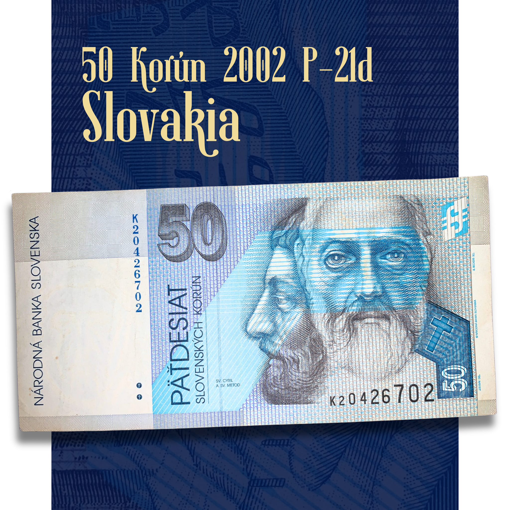 Video showcasing an authentic Slovakia 50 Korún banknote (P-21d) issued in 2002 by Národná Banka Slovenska. The footage presents both sides of the circulated note in detail, highlighting portraits of Saints Cyril and Methodius on the obverse and symbolic imagery of hands holding a manuscript with Glagolitic script on the reverse. Intricate security patterns, denomination markings, Slovak national symbols, and signs of circulation including folds, creases, and handling wear are clearly visible. Actual serial