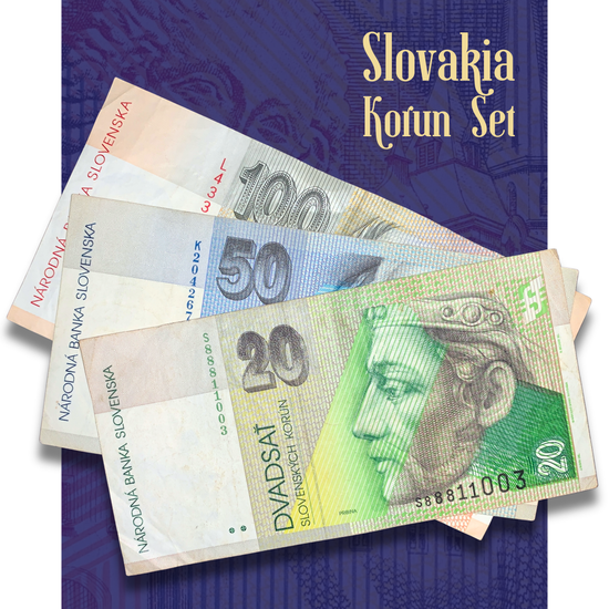 Video showcasing an authentic Slovakia koruna banknote collection including 20, 50, and 100 korún notes. The footage highlights both obverse and reverse designs, historical figures, architectural motifs, intricate engravings, security features, and overall collectible condition.