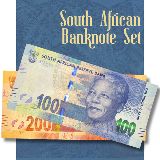 Video showcasing a South African banknote set featuring the 100 Rand and 200 Rand notes. The footage presents both the obverse and reverse of each banknote, highlighting Nelson Mandela's portrait, the leopard and African buffalo wildlife designs, holographic security strips, intricate engraved details, vibrant colors, and multilingual South African Reserve Bank inscriptions. The video provides close-up views of the notes' condition, texture, and security features.