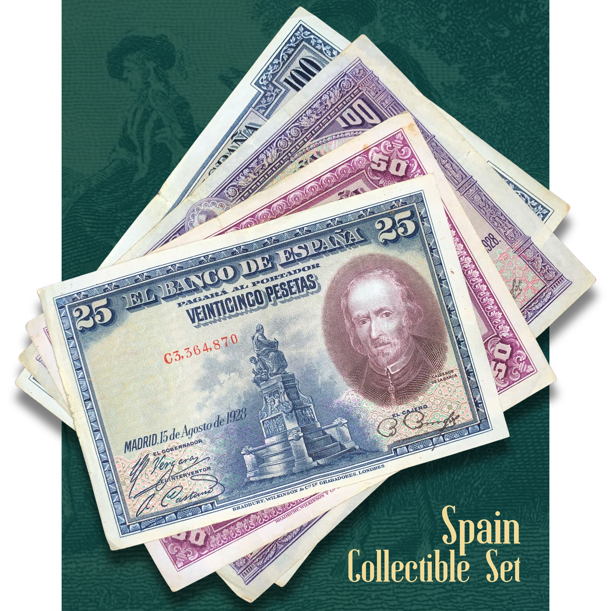 Video showcasing a premium Vintage Spain Pesetas Banknote Bundle from 1925–1928, including 25 Pesetas (P-74), 50 Pesetas (P-75), 100 Pesetas (P-76), and 100 Pesetas (P-69c). Features detailed views of both sides of each Banco de España note, highlighting portraits of Cervantes, Velázquez, Philip II, and Fray Luis de León, along with elaborate engravings, monuments, and historical Spanish scenes.