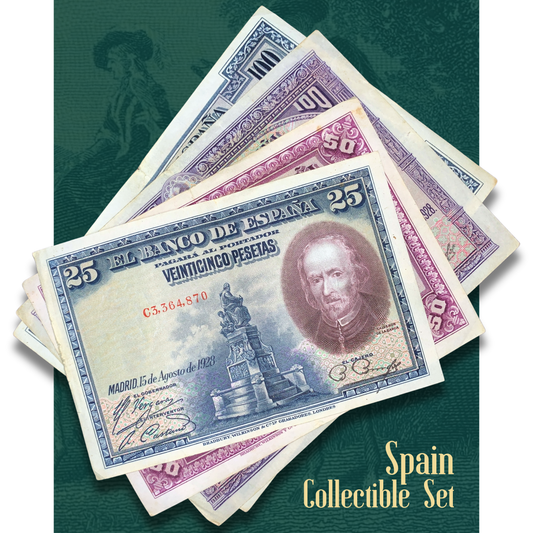 Video showcasing a premium Vintage Spain Pesetas Banknote Bundle from 1925–1928, including 25 Pesetas (P-74), 50 Pesetas (P-75), 100 Pesetas (P-76), and 100 Pesetas (P-69c). Features detailed views of both sides of each Banco de España note, highlighting portraits of Cervantes, Velázquez, Philip II, and Fray Luis de León, along with elaborate engravings, monuments, and historical Spanish scenes.