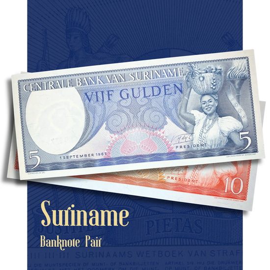 Video showcasing an authentic Suriname 5 Gulden and 10 Gulden banknote pair from the 1963 issue. Smooth close-up views highlight the intricate engraved details, vibrant colors, and collectible condition of both vintage banknotes from the Centrale Bank van Suriname.
