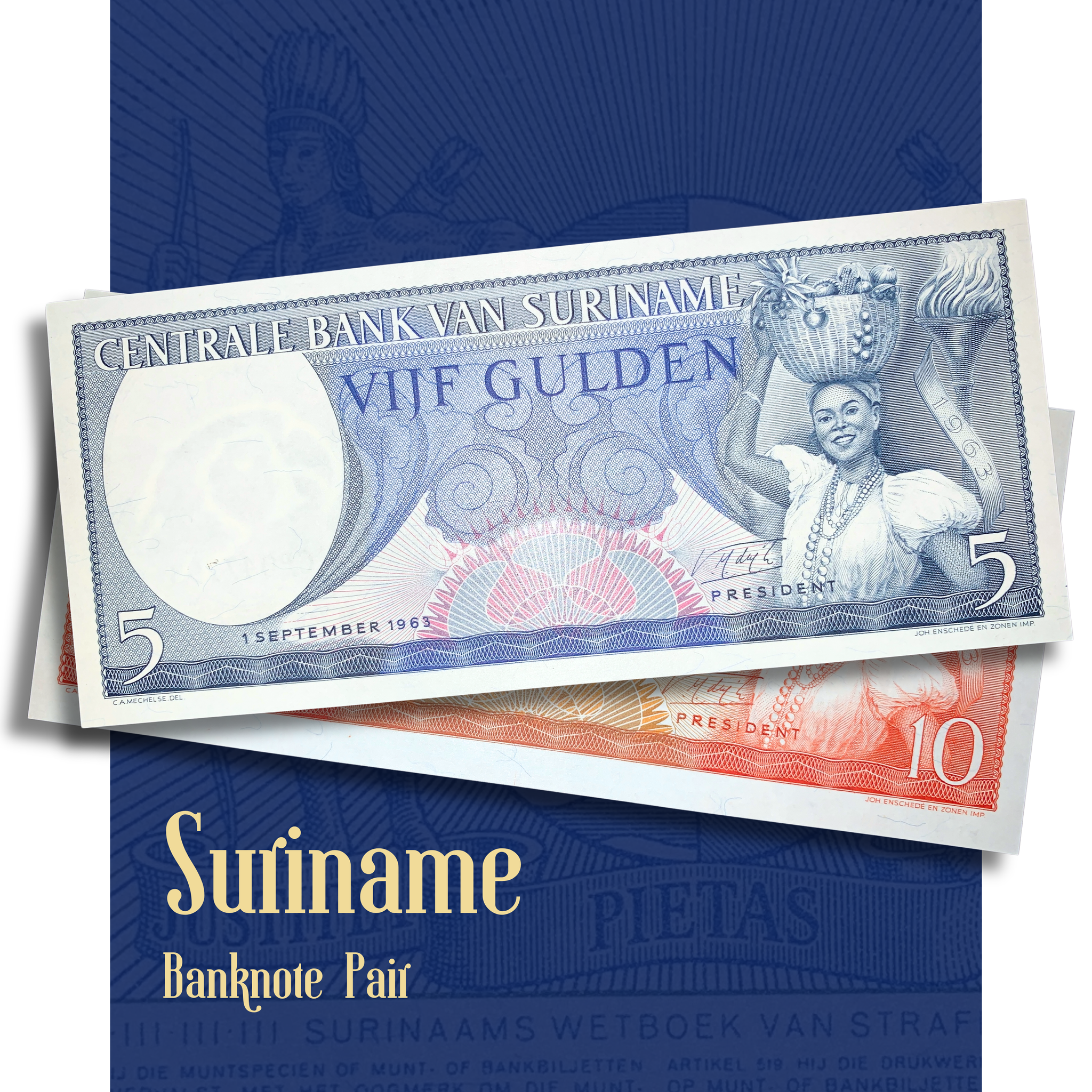 Video showcasing an authentic Suriname 5 Gulden and 10 Gulden banknote pair from the 1963 issue. Smooth close-up views highlight the intricate engraved details, vibrant colors, and collectible condition of both vintage banknotes from the Centrale Bank van Suriname.
