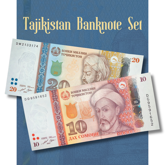 Video showcasing an authentic Tajikistan banknote set with 10 and 20 Somoni notes, highlighting both obverse and reverse designs, portraits of renowned scholars, historic landmarks, vibrant colors, and modern security features for collectors.