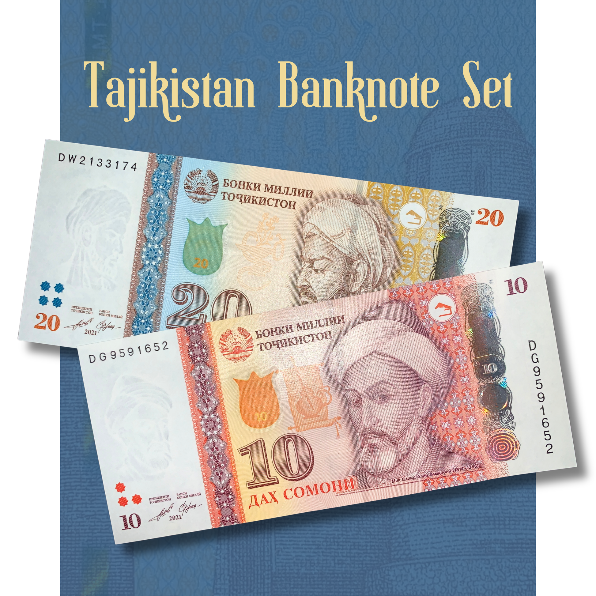 Video showcasing an authentic Tajikistan banknote set with 10 and 20 Somoni notes, highlighting both obverse and reverse designs, portraits of renowned scholars, historic landmarks, vibrant colors, and modern security features for collectors.