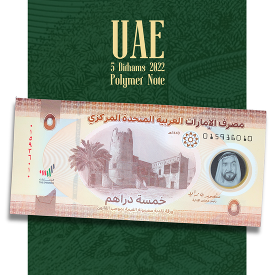 "Video showcasing the UAE 5 Dirhams 2022 polymer banknote with transparent security window, Al Hosn Fort design, and advanced anti-counterfeiting features."