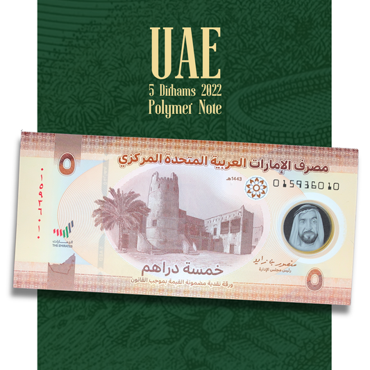 "Video showcasing the UAE 5 Dirhams 2022 polymer banknote with transparent security window, Al Hosn Fort design, and advanced anti-counterfeiting features."