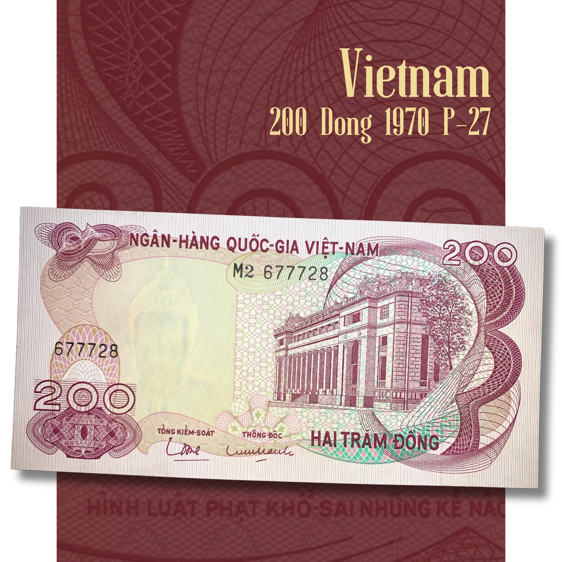 Rotating video of an authentic Vietnam 200 Đồng banknote 1970 P-27 showcasing the obverse with the State Bank of Vietnam headquarters and the reverse featuring intricate guilloché security patterns, highlighting the note's detailed engraving, vibrant colors, and collectible condition.