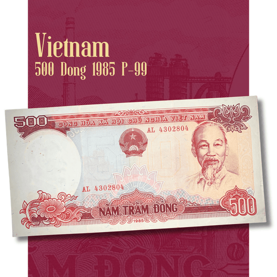 Rotating video of an authentic Vietnam 500 Đồng banknote 1985 P-99 showcasing the obverse with Ho Chi Minh and the reverse featuring an industrial factory complex, highlighting the note's detailed engraving, vibrant colors, and collectible condition.