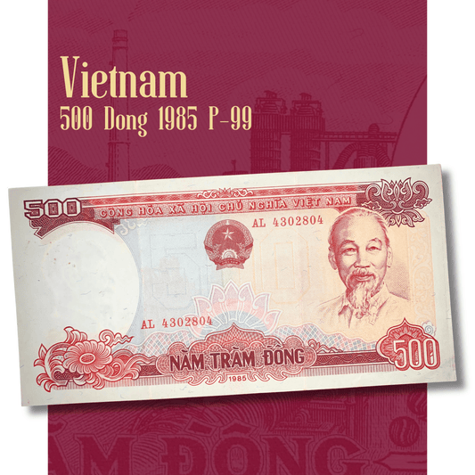 Rotating video of an authentic Vietnam 500 Đồng banknote 1985 P-99 showcasing the obverse with Ho Chi Minh and the reverse featuring an industrial factory complex, highlighting the note's detailed engraving, vibrant colors, and collectible condition.
