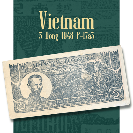 Authentic Vietnam 5 Dong 1948 P-17a3 banknote displayed in a rotating video, showcasing both the obverse with Nguyễn Ái Quốc (Ho Chi Minh) and a farmer harvesting rice, and the multilingual reverse featuring "Năm Đồng" denomination and intricate engraved details.