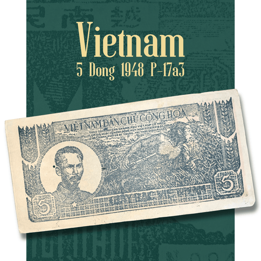 Authentic Vietnam 5 Dong 1948 P-17a3 banknote displayed in a rotating video, showcasing both the obverse with Nguyễn Ái Quốc (Ho Chi Minh) and a farmer harvesting rice, and the multilingual reverse featuring "Năm Đồng" denomination and intricate engraved details.
