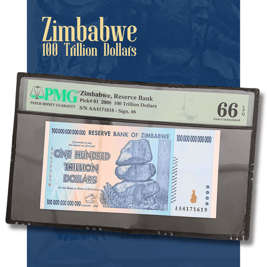 Rotating video showcasing a PMG-certified Zimbabwe 100 Trillion Dollars banknote issued in 2008, Pick 91, graded PMG 66 EPQ Gem Uncirculated. The video highlights both the front and reverse designs, including the famous Chiremba Balancing Rocks, Victoria Falls, African buffalo, intricate security features, original paper quality, and the PMG certification holder. A famous hyperinflation-era banknote and one of the most recognizable world currency collectibles.