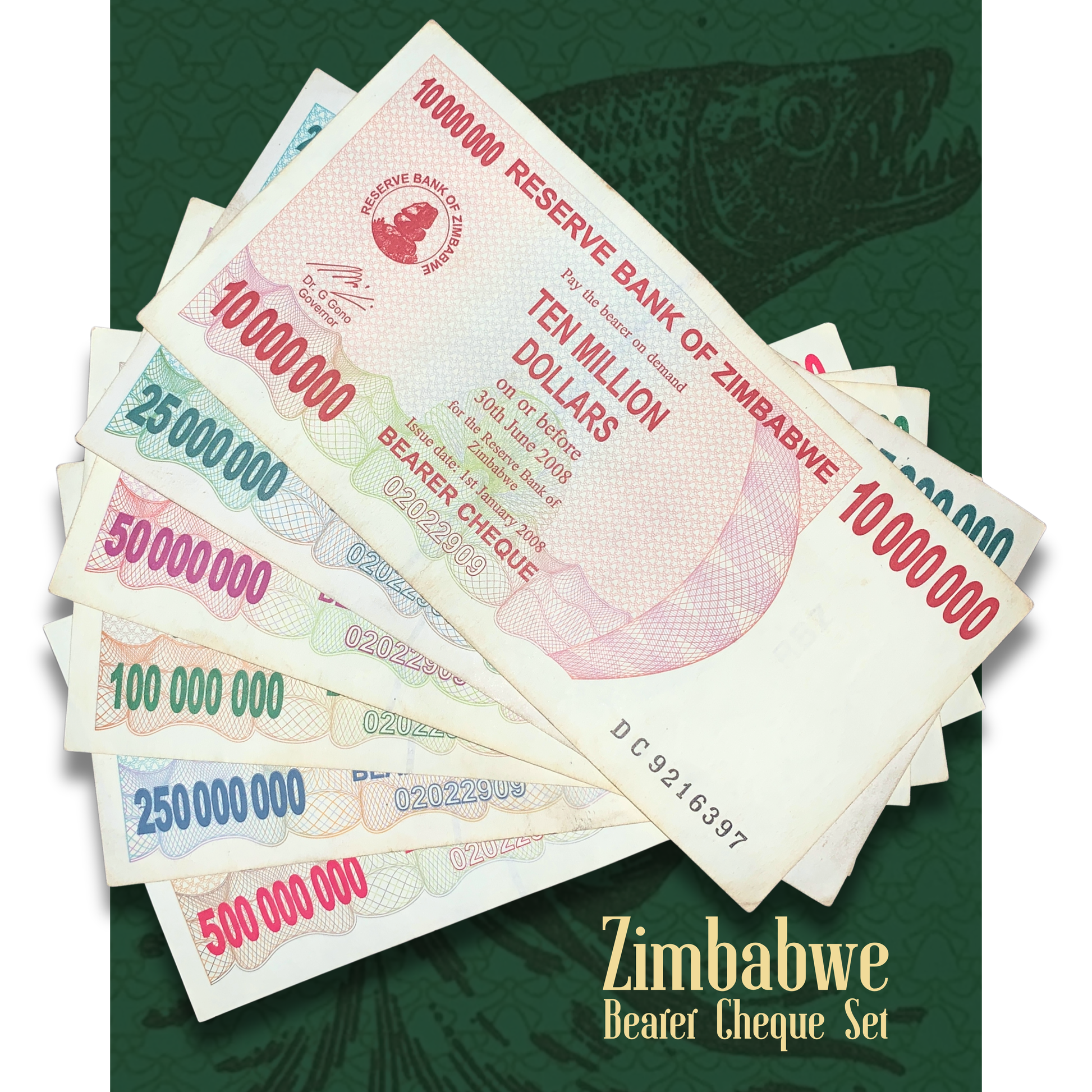 Video showcasing an authentic Zimbabwe hyperinflation bearer cheque collection from 2008, including 10 million, 25 million, 50 million, 100 million, 250 million, and 500 million dollar banknotes with close-up views of both sides