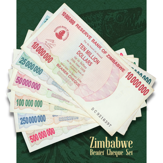 Video showcasing an authentic Zimbabwe hyperinflation bearer cheque collection from 2008, including 10 million, 25 million, 50 million, 100 million, 250 million, and 500 million dollar banknotes with close-up views of both sides