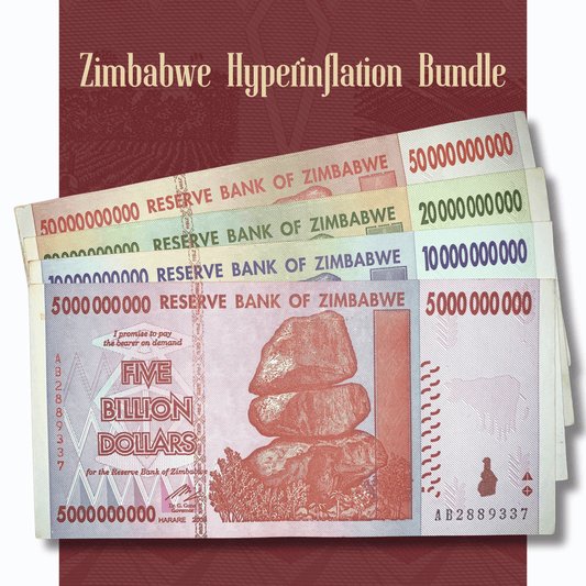 Video showcasing an authentic Zimbabwe Hyperinflation banknote bundle with 5, 10, 20 and 50 Billion Dollars notes from 2008, highlighting both obverse and reverse designs for collectors.