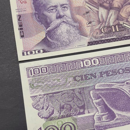 Front view of a crisp, uncirculated 1982 Mexico 100 Pesos banknote featuring a portrait of President Venustiano Carranza and a dynamic mural of the Mexican Revolution.