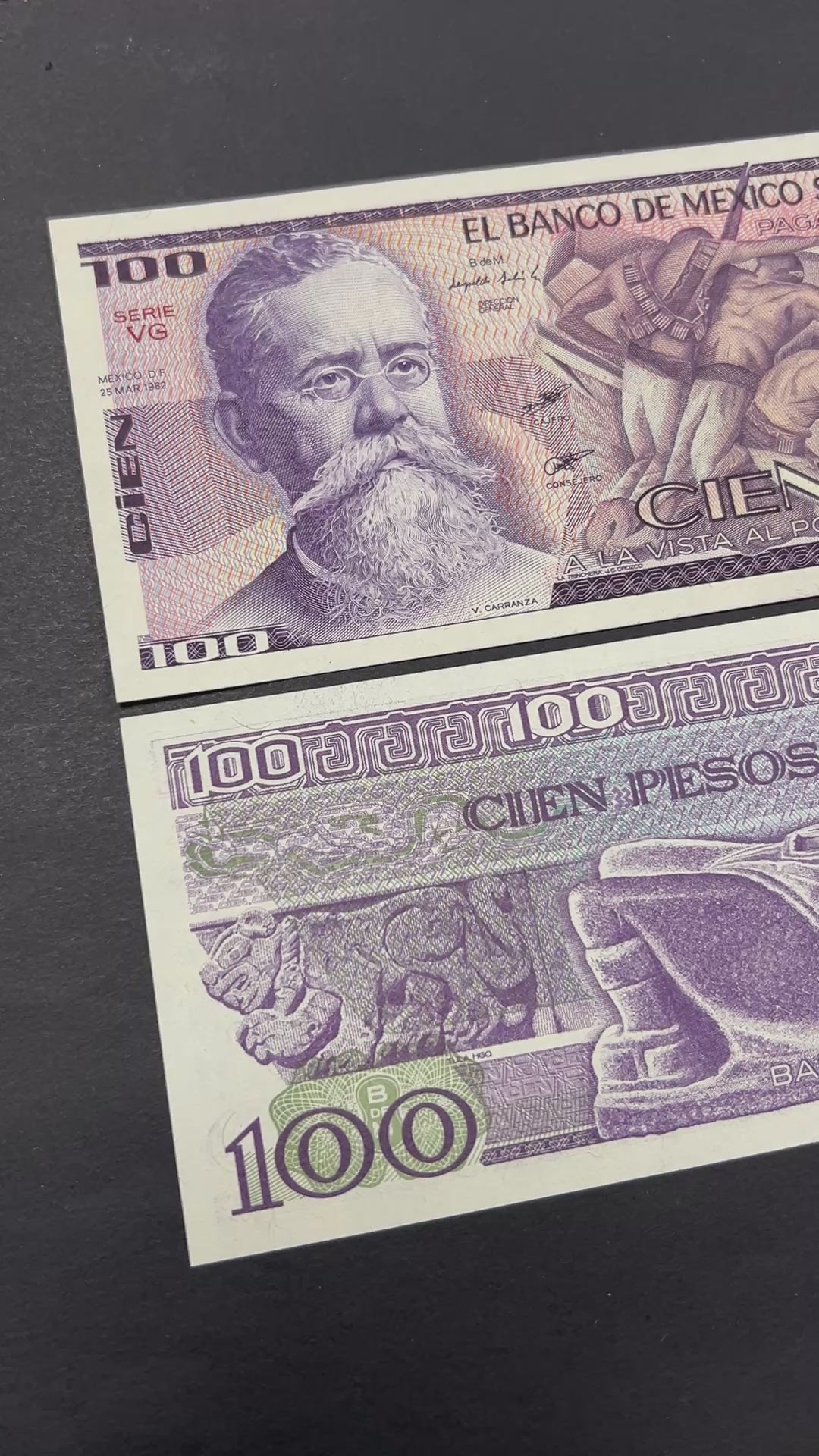 Front view of a crisp, uncirculated 1982 Mexico 100 Pesos banknote featuring a portrait of President Venustiano Carranza and a dynamic mural of the Mexican Revolution.