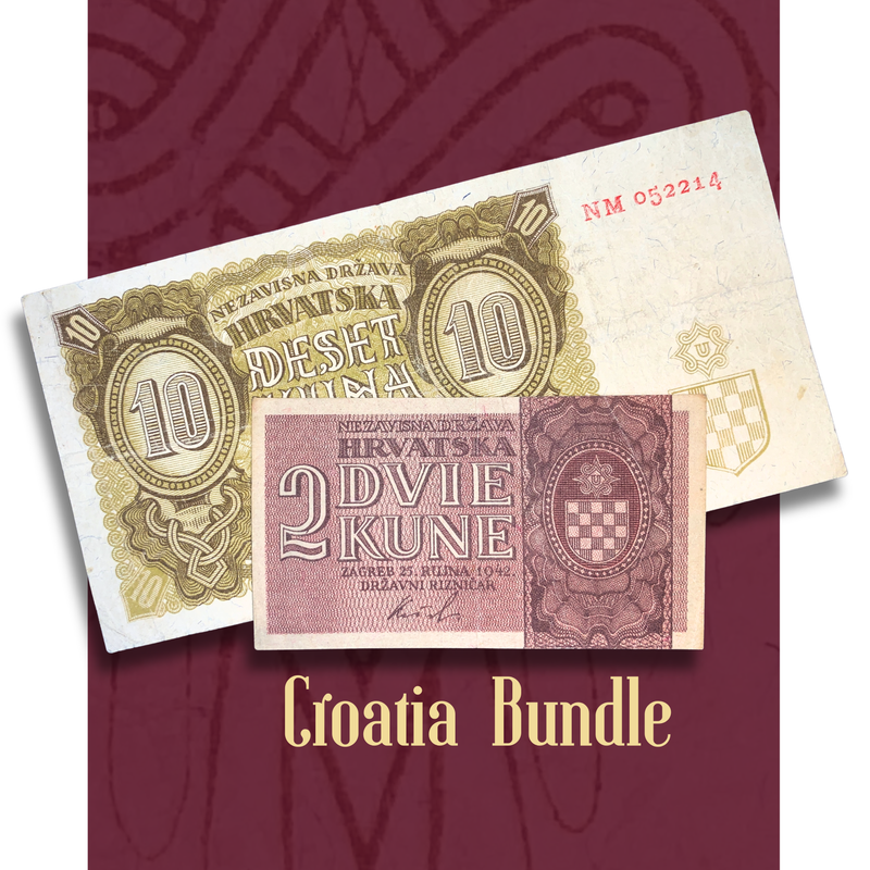 Croatia wartime banknote bundle featuring 10 Kuna 1941 and 2 Kune 1942 notes from the Independent State of Croatia, displayed together with intricate engraved designs and Croatian coat of arms