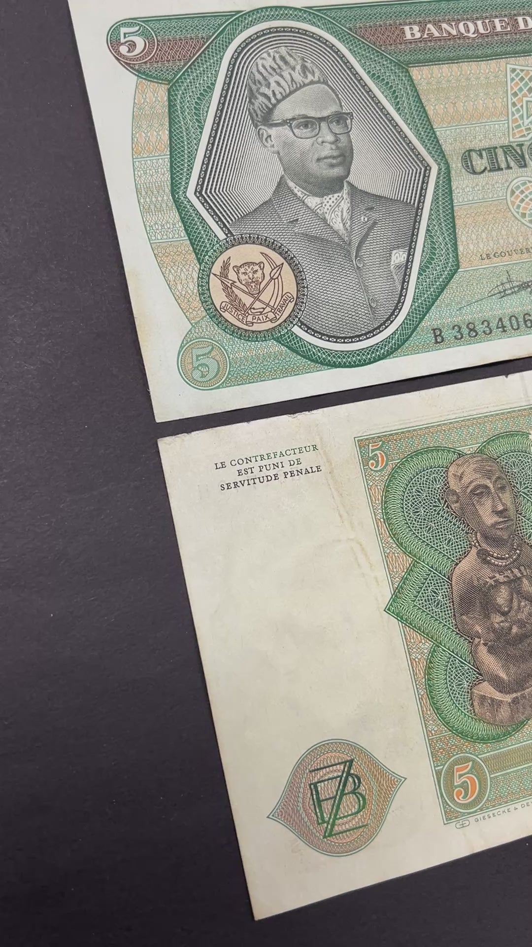 Front view of a circulated 1977 Zaire 5 Zaires banknote featuring a portrait of President Mobutu Sese Seko wearing his signature leopard-print hat, alongside a leaping leopard.