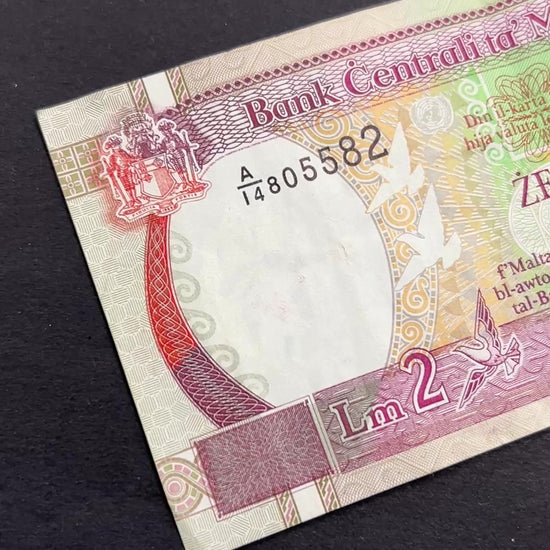 Back view of a vintage 1989 Malta 2 Liri banknote showcasing detailed engravings of the historic Banca Giuratale buildings in Mdina and Gozo.