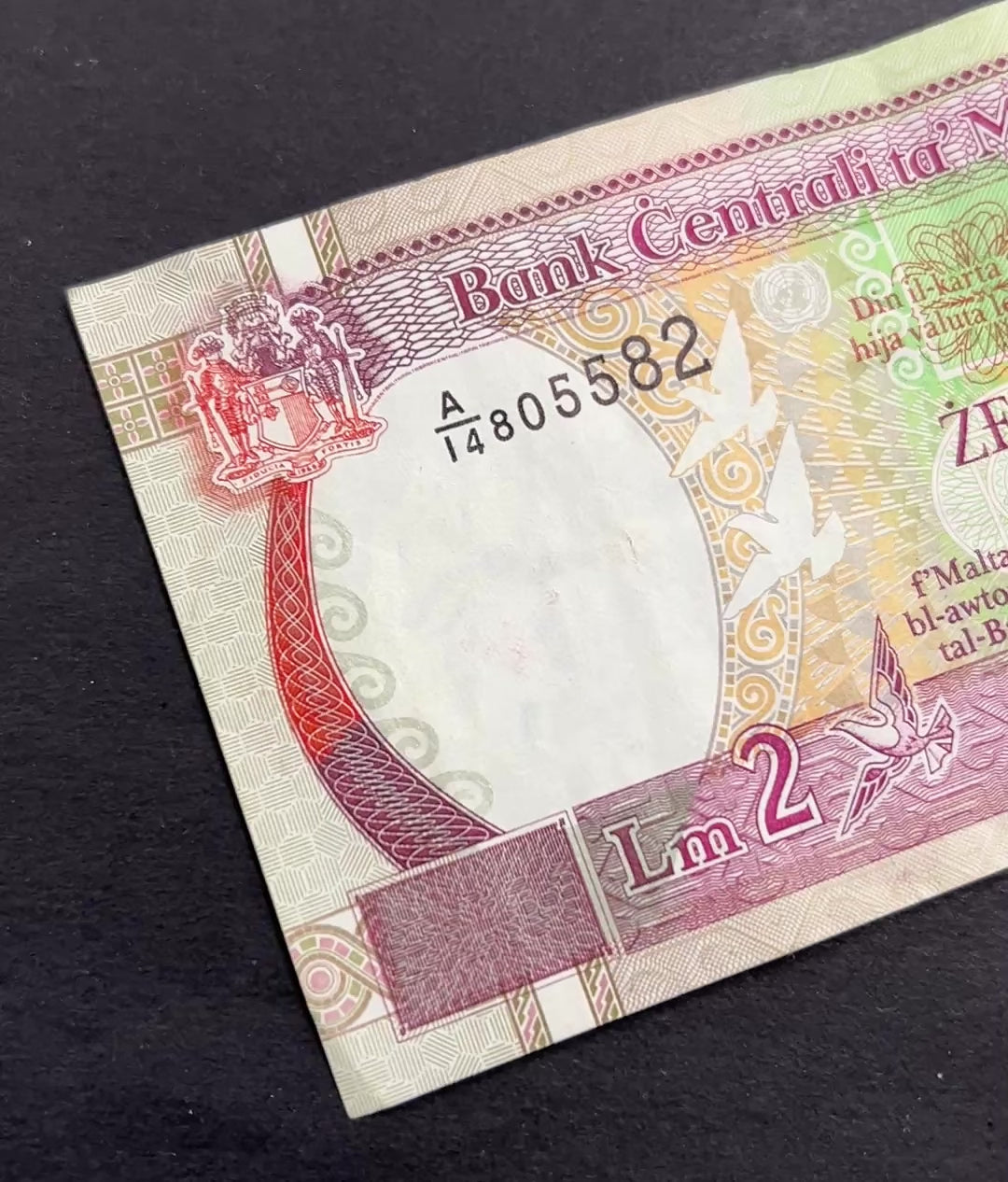Back view of a vintage 1989 Malta 2 Liri banknote showcasing detailed engravings of the historic Banca Giuratale buildings in Mdina and Gozo.