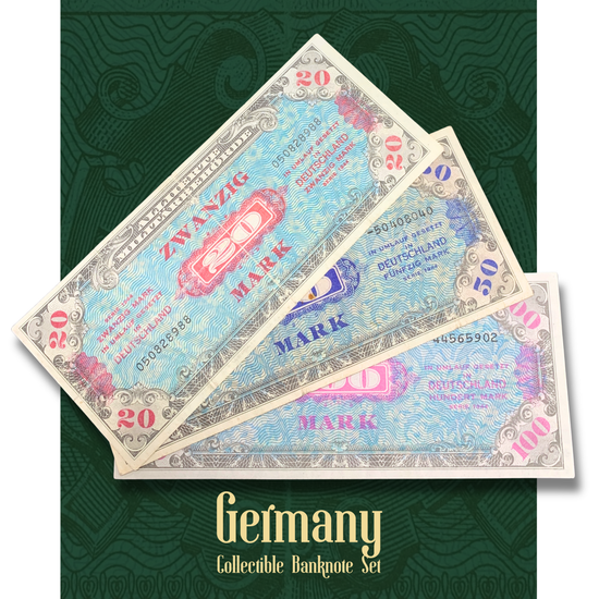 Rotating video showcasing a set of three Germany Allied Military Currency banknotes issued in 1944. Includes 20 Marks Pick 195b in Fine condition, 50 Marks Pick 196d in Fine condition, and 100 Marks Pick 197d in Very Fine condition. The video displays both front and reverse designs, highlighting intricate engraved security patterns, Military Government emblems, denomination details, serial numbers, and authentic post-World War II occupation currency from Allied-controlled Germany.