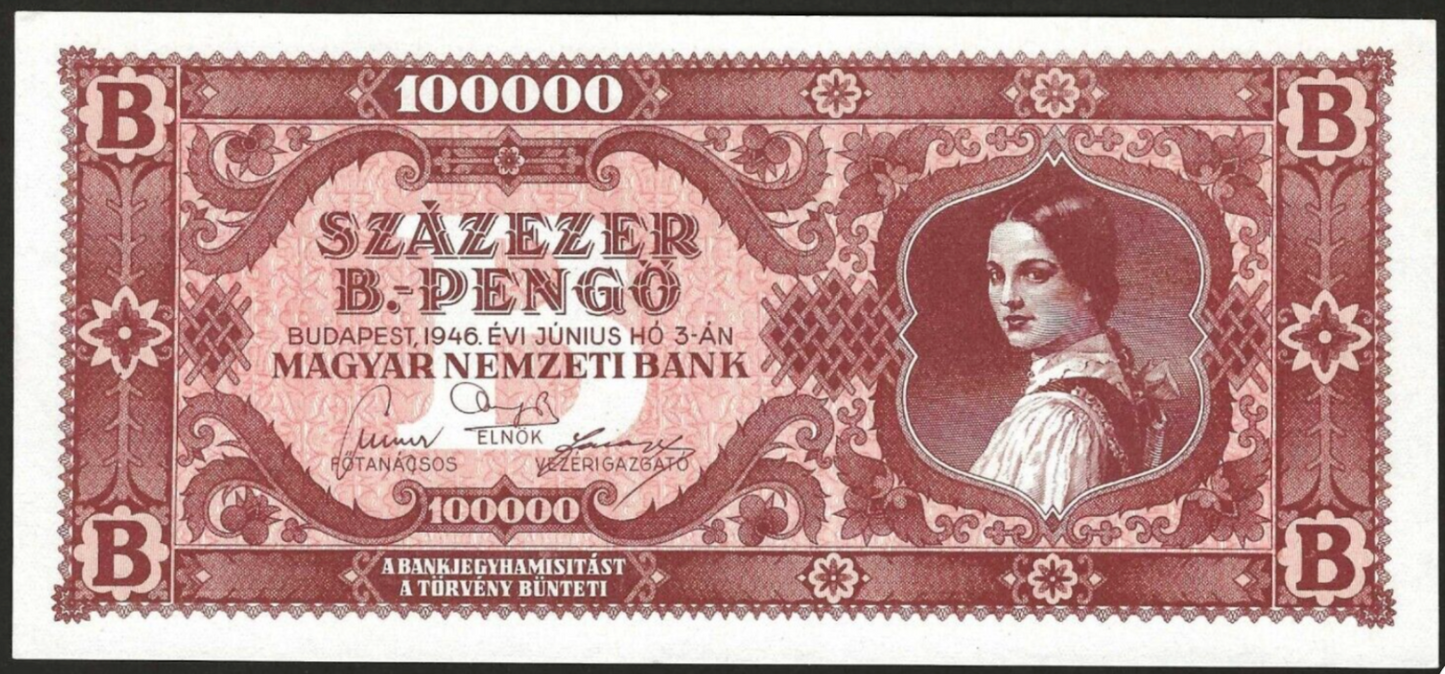 Hungary 100,000,000,000,000,000 pengo 1946 P-133 hyperinflation banknote