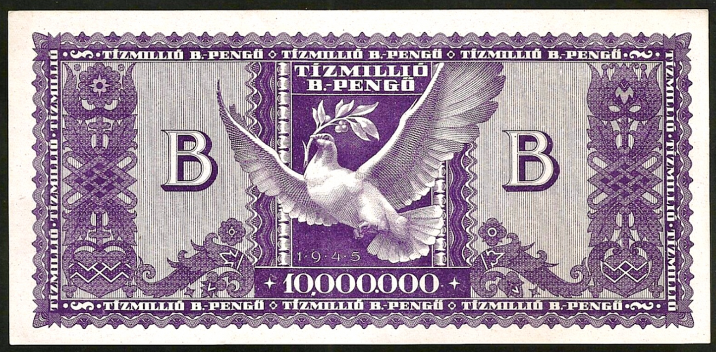 Hungary Tizmillio 10 million 10,000,000 B-Pengo (10 quintillion) 1946 hyperinflation banknote 1946