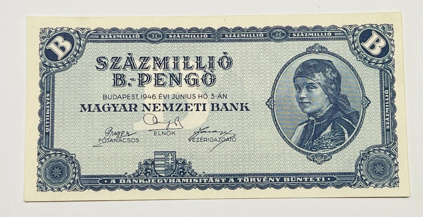 MAGYARORSZÁG 100 MILLIÓ Szazmillio B-PENGO (100 Quintillion) 1946 P-136