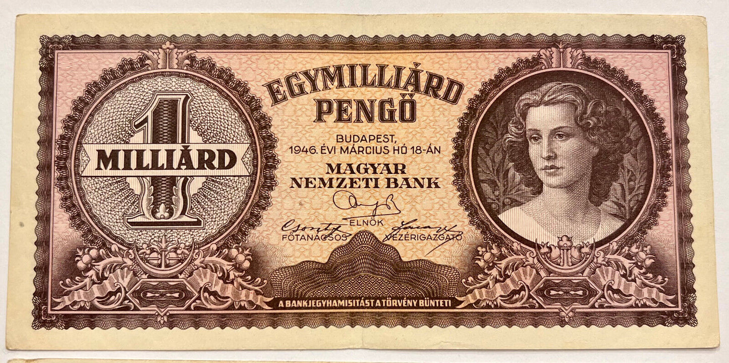 Magyarország 1.000.000 1 milliárd pengo hiperinflációs bankjegy 1946 P-125