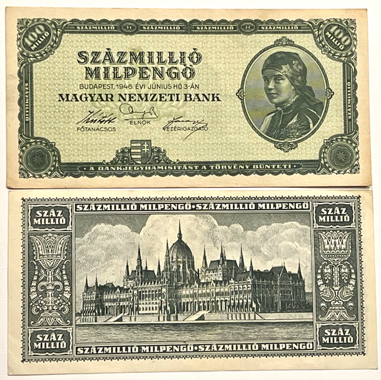 HUNGARY 100,000,000,000,000 Pengo (100 Trillion) 100 million milpengo banknote 1946 P-130