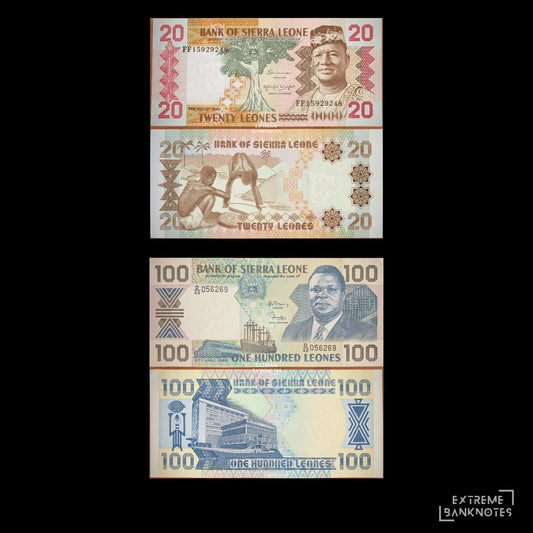 Sierra Leone 20 & 100 Leones P-14b & P-18b UNC – Bundle – all notes in the bundle