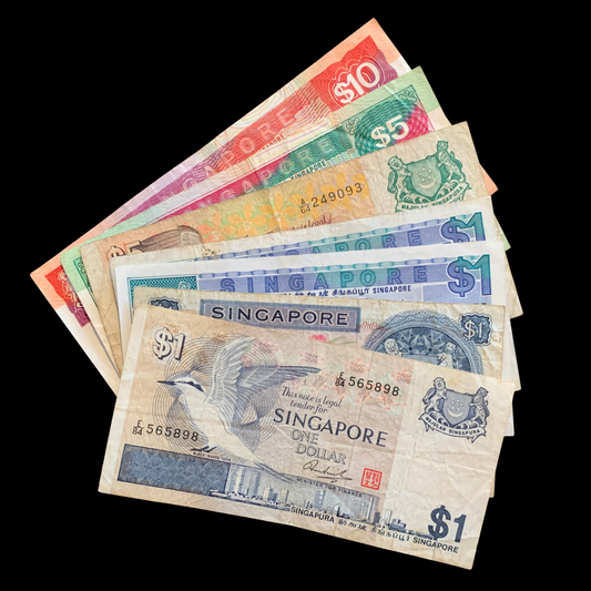 Singapore Collectible Banknote Bundle 1, 5 & 10 Dollars (1967–1989) F-VF