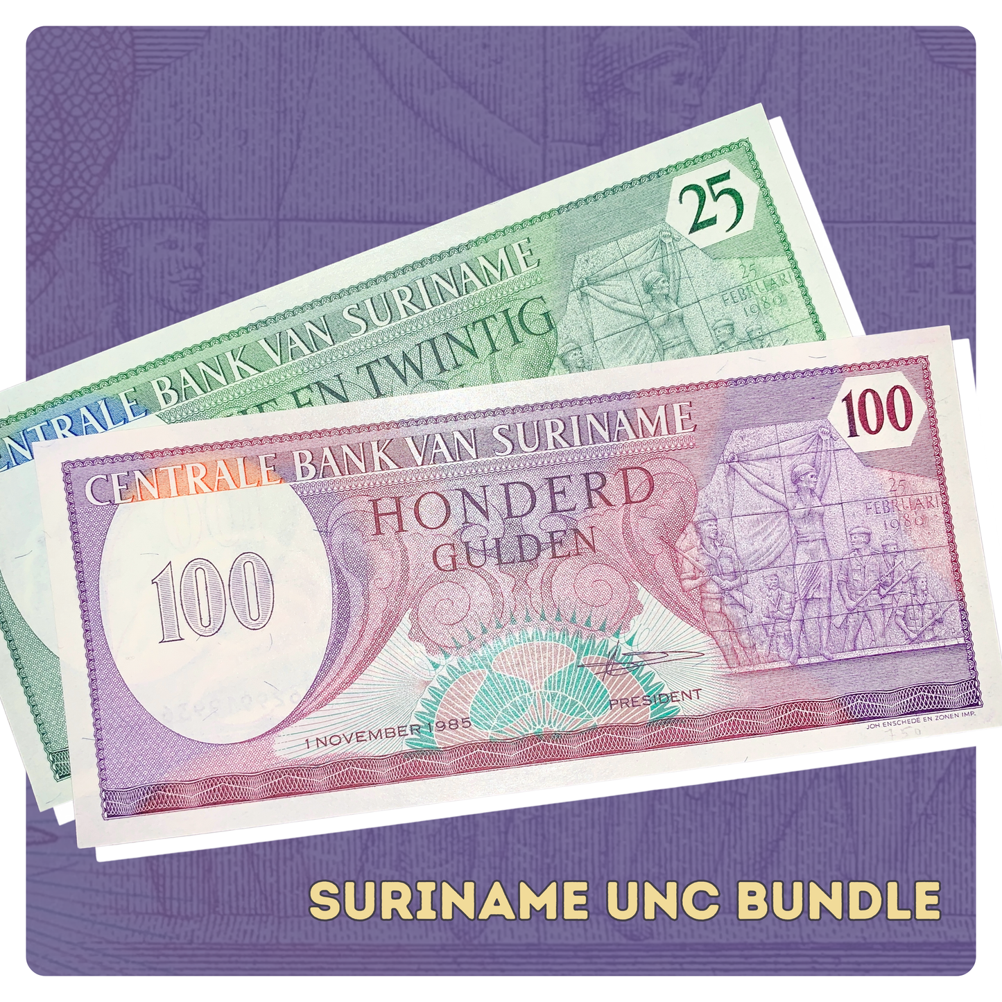 South-American Revolutionary Banknote | Suriname UNC Collectible Pair 1985