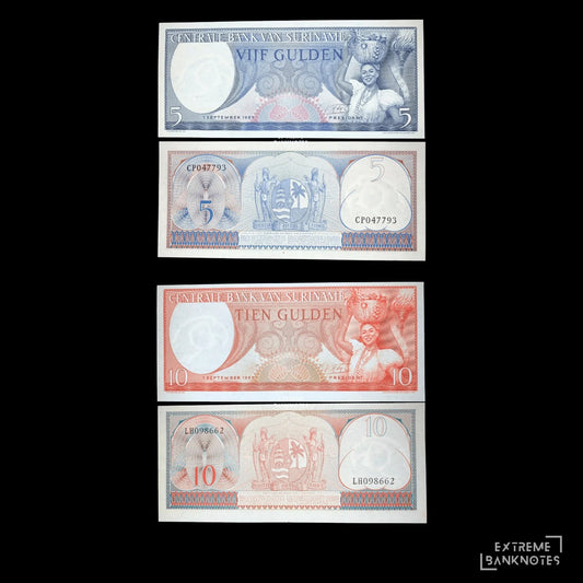 Suriname 5 & 10 Gulden P-120b & P-31 UNC/AUNC – Pair – all notes in the bundle