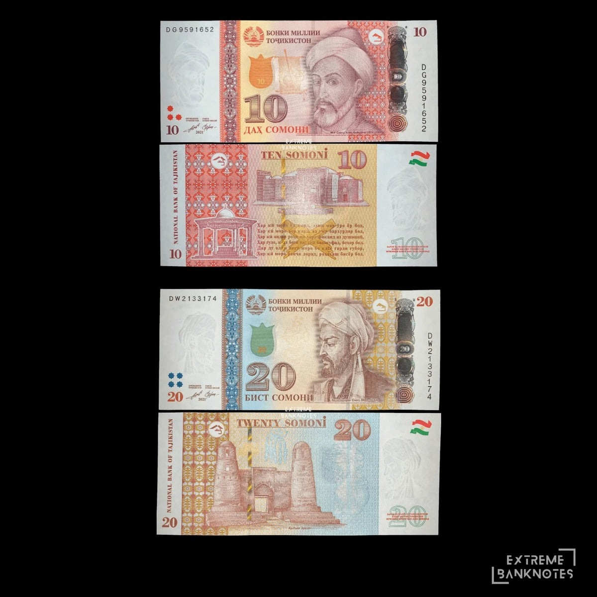 Tajikistan 10 & 20 Somoni 2018–2022 – Bundle – all notes in the bundle