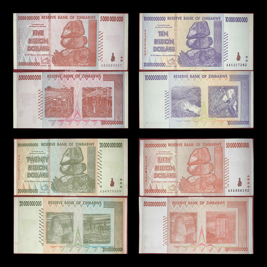 Zimbabwe 5, 10, 20, 50 Billion Dollars 2008 – Bundle – all notes in the bundle