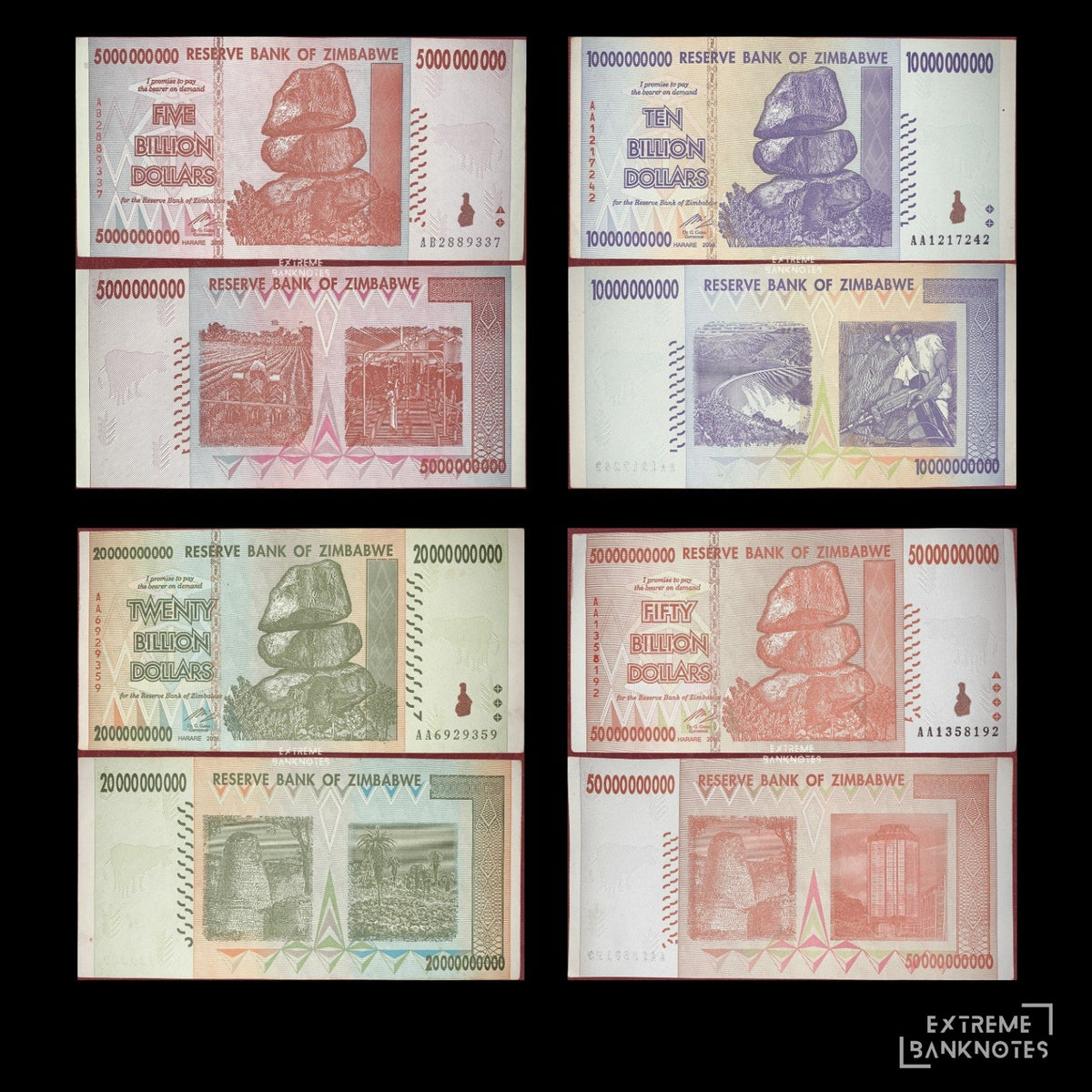 Zimbabwe 5, 10, 20, 50 Billion Dollars 2008 – Bundle – all notes in the bundle