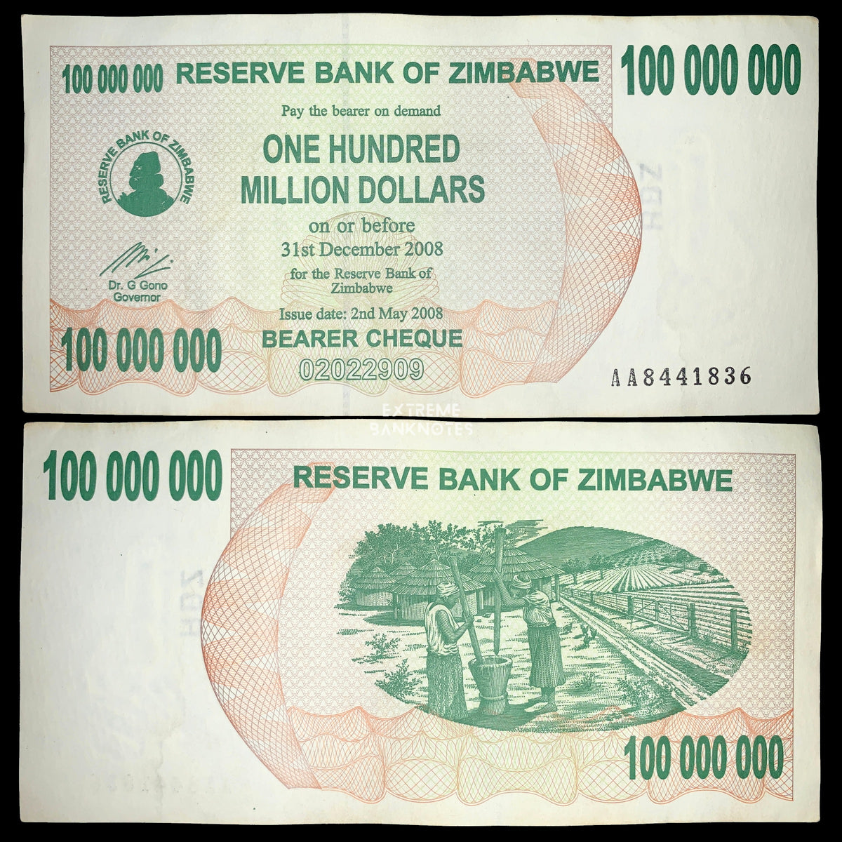 Zimbabwe 100 Million Dollars Bearer Cheque 2008 front and reverse from the hyperinflation era, featuring green security patterns and traditional rural village scene on the reverse
