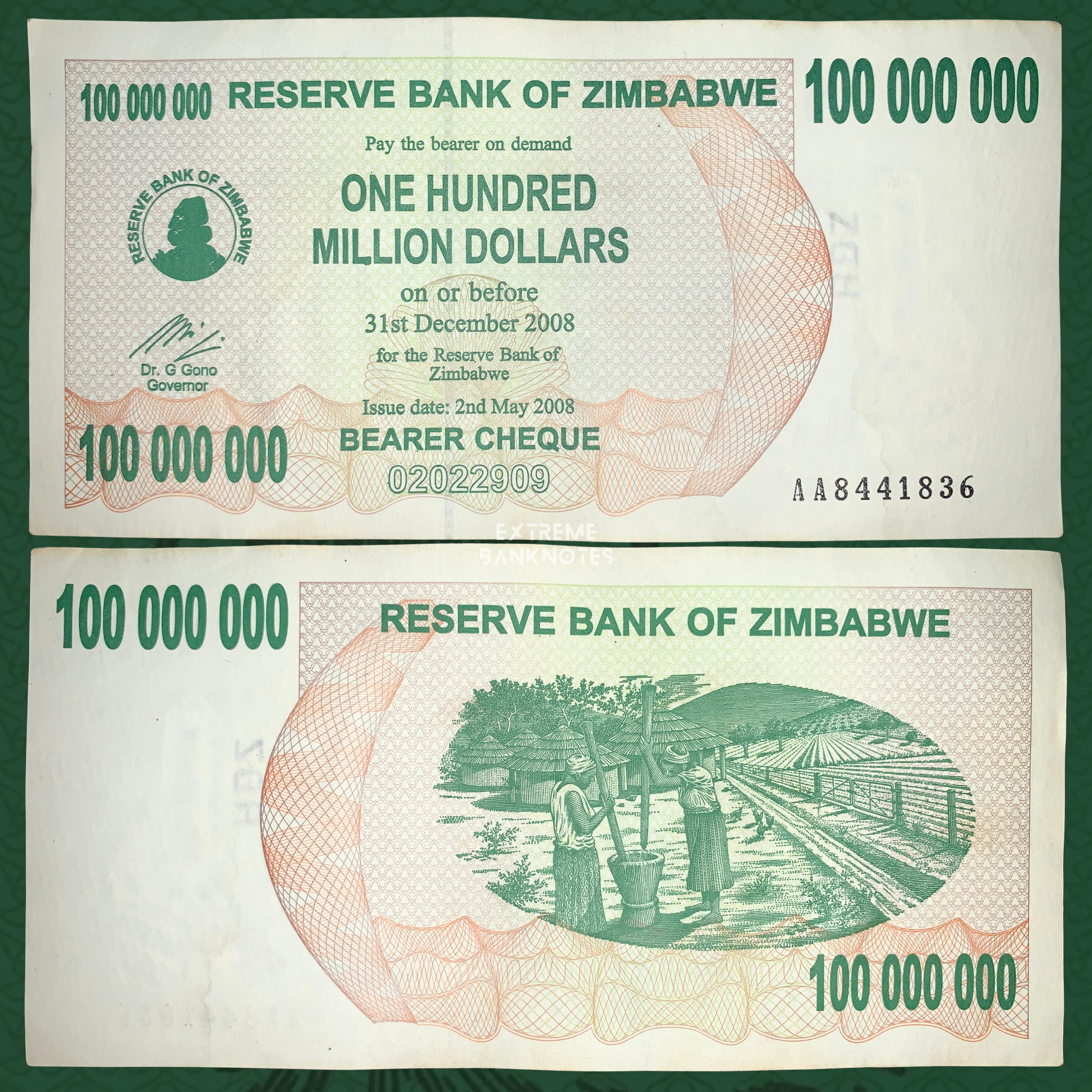 Zimbabwe 100 Million Dollars Bearer Cheque 2008 front and reverse from the hyperinflation era, featuring green security patterns and traditional rural village scene on the reverse