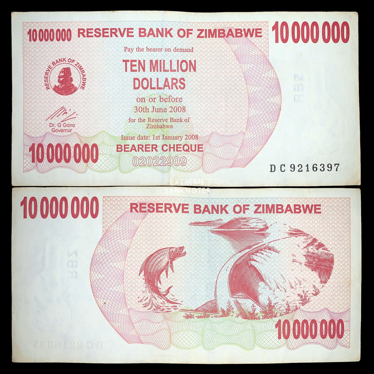 Zimbabwe 10 Million Dollars Bearer Cheque 2008 front and reverse, issued during the country's hyperinflation crisis, featuring colorful security patterns and wildlife-themed reverse design